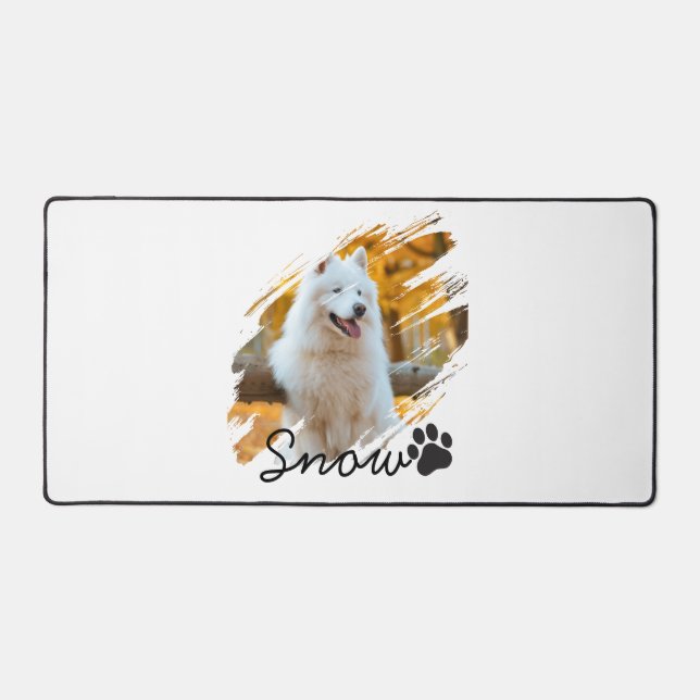 Custom Pet Photo & Name Modern Brushstroke Mug Desk Mat (Front)