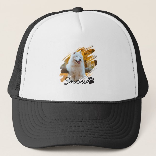 Custom Pet Photo & Name Modern Brushstroke Mug Trucker Hat (Front)