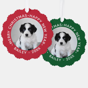 Custom Pet Photo Name Red Green Borders Christmas Tree Decoration Card