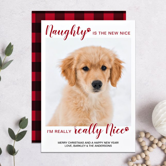 Custom Pet Photo Naught Nice Red Buffalo Plaid  Holiday Card (Creator Uploaded)