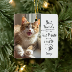 Custom Pet Photo Paw Prints on Our Hearts Memorial Ceramic Ornament