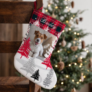 Custom Pet Photo Personalised Dog Name Red Plaid Small Christmas Stocking