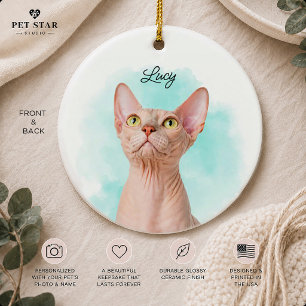Custom Pet Photo Portrait + Text Watercolor Green  Ceramic Tree Decoration