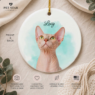 Custom Pet Photo Portrait + Text Watercolor Green Ceramic Tree Decoration