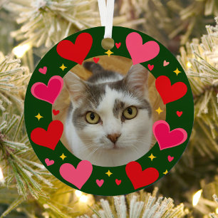 Custom Pet Photo Red Pink Hearts Personalised Metal Tree Decoration