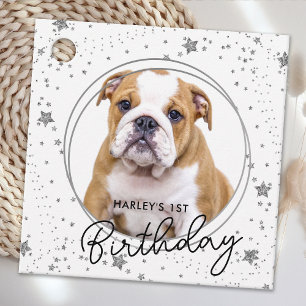 Custom Pet Photo Silver Glitter Stars Dog Birthday Favour Tags