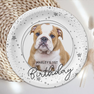 Custom Pet Photo Silver Glitter Stars Dog Birthday Paper Plate