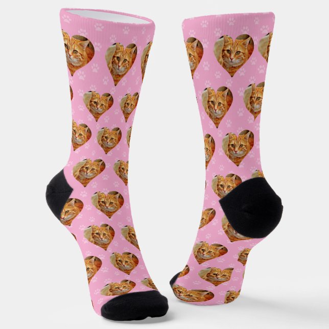 Custom Pet Photo Socks - Pink Heart Pattern (Angled)