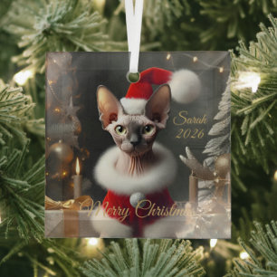 Custom Pet Photo Sphynx Cat Christmas 2026 Glass Tree Decoration