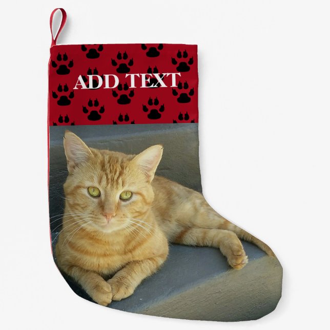 Custom Pet Photo Tabby Cat Paw Prints Red Small Christmas Stocking (Front)