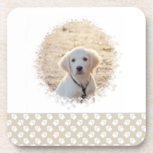 Custom Pet Photo Template & White Paws On Beige Coaster