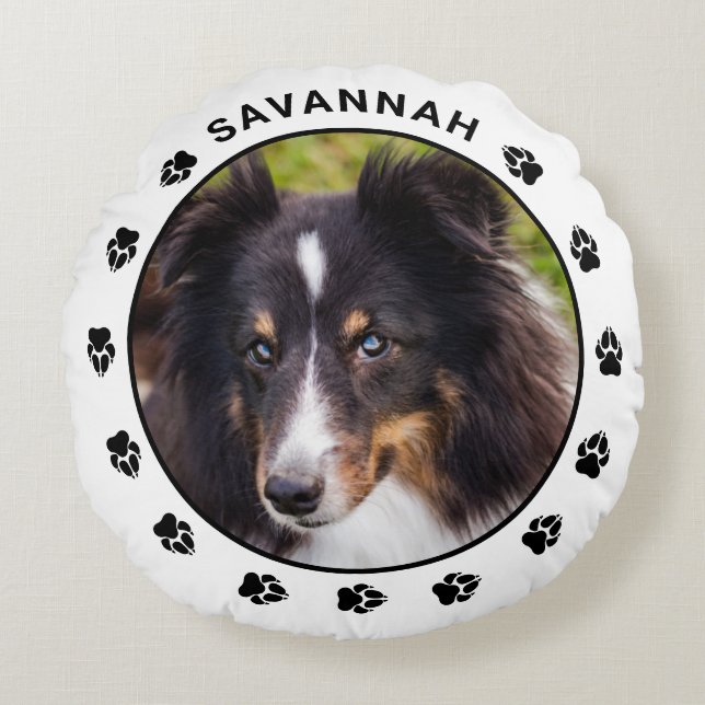 Custom Pet Photo Template With Paws & Name Round Cushion (Front)
