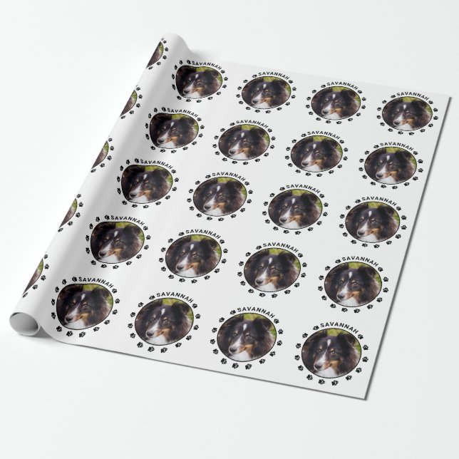 Custom Pet Photo Template With Paws & Text Pattern Wrapping Paper (Unrolled)