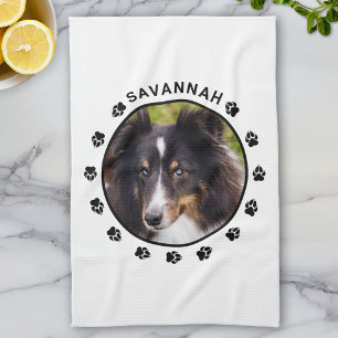 Custom Pet Photo Template With Paws & Text Tea Towel