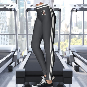 Custom Pet Photo Text Cute Stripes Neutral Caviar Leggings