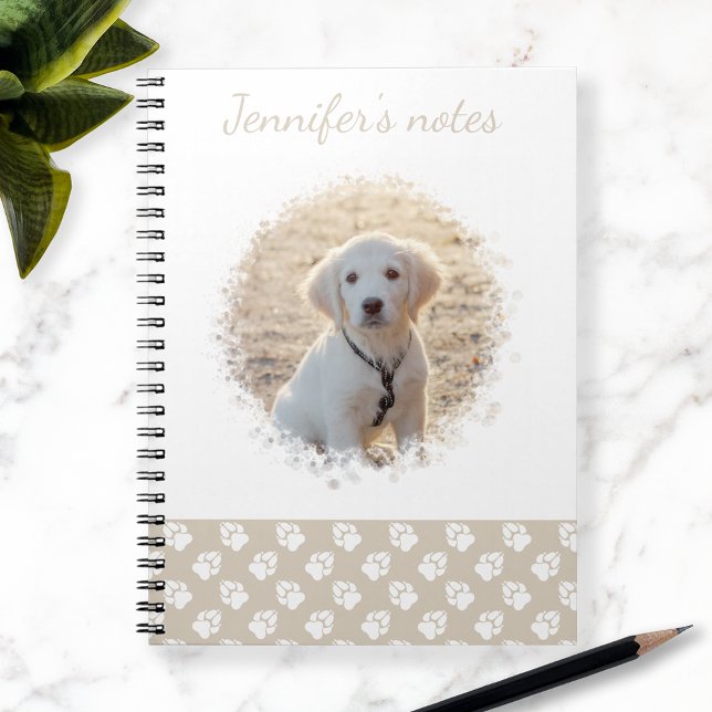 Custom Pet Photo & White Paws On Beige & Your Text Notebook (Creator Uploaded)