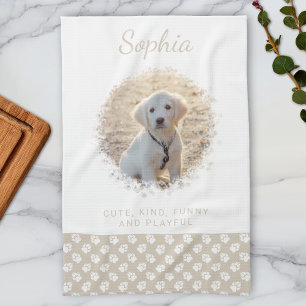 Custom Pet Photo & White Paws On Beige & Your Text Tea Towel