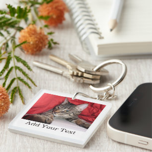 Custom Pet Photo With Funny Text Personalised Cat Key Ring