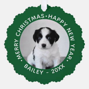 Custom Pet Photo with Name Green Border Christmas Tree Decoration Card