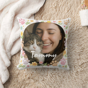 Custom Pet Photo with Name Paw Prints & Floral Cushion