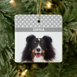 Custom Pet Photo With White Paws On Grey & Name Ceramic Ornament