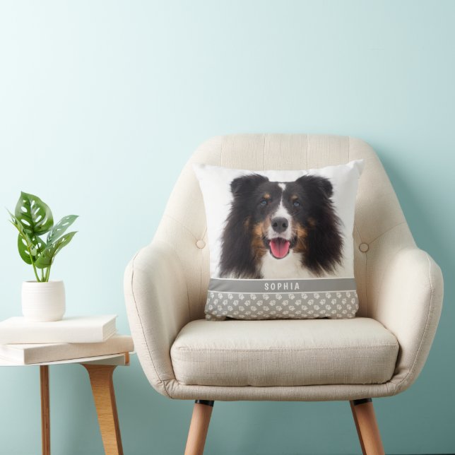 Custom Pet Photo With White Paws On Grey & Name Cushion (Chair)