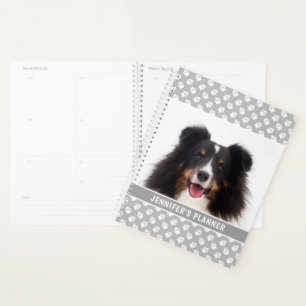 Custom Pet Photo With White Paws On Grey & Name Planner