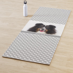 Custom Pet Photo With White Paws On Grey & Name Yoga Mat