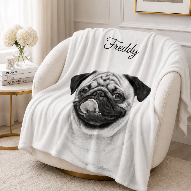 Custom Pet Portrait | Upload Photo + Text B & W Fleece Blanket (Creator Uploaded)