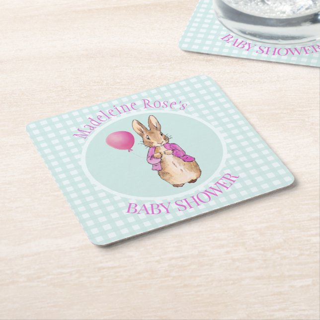 Custom Peter the rabbit Baby Shower Square Paper Coaster (Angled)