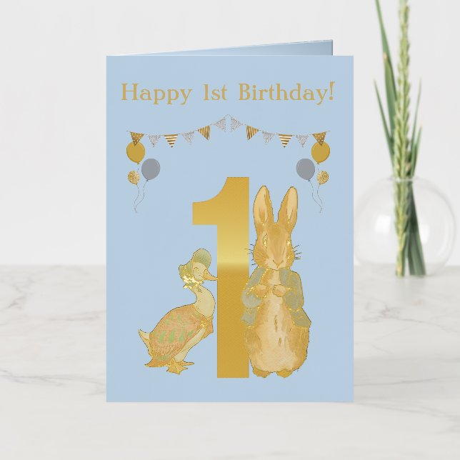 Custom Peter the Rabbit Jemima First Birthday Foil Greeting Card (Front)