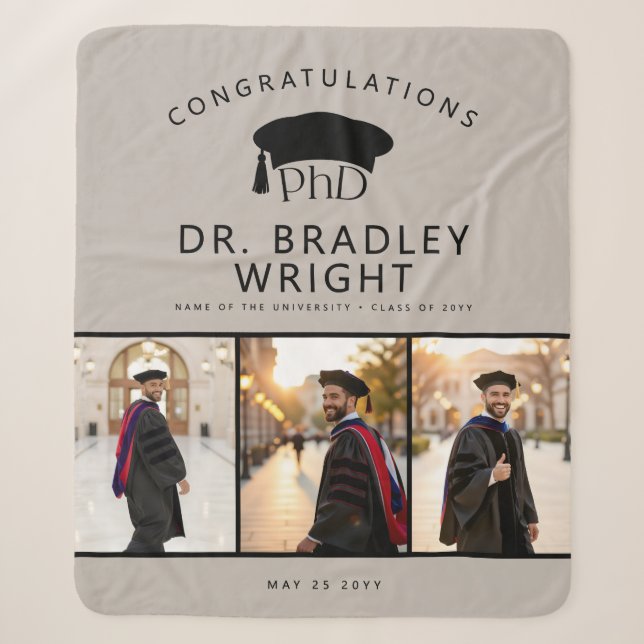 Custom PhD Doctoral Grad Hat Doctoral Graduation Sherpa Blanket (Front)