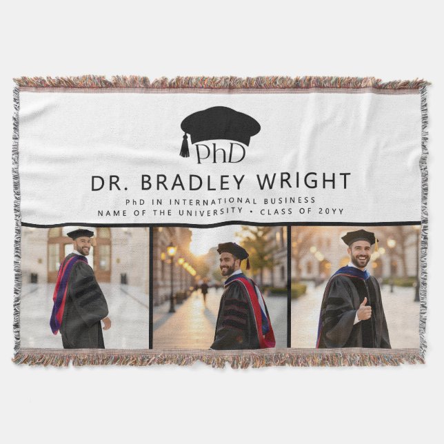 Custom PhD Doctoral Grad Hat Doctoral Graduation Throw Blanket (Front)