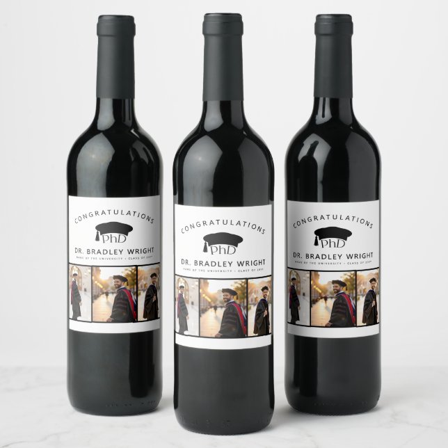 Custom PhD Doctoral Grad Hat Doctoral Graduation Wine Label (Bottles)