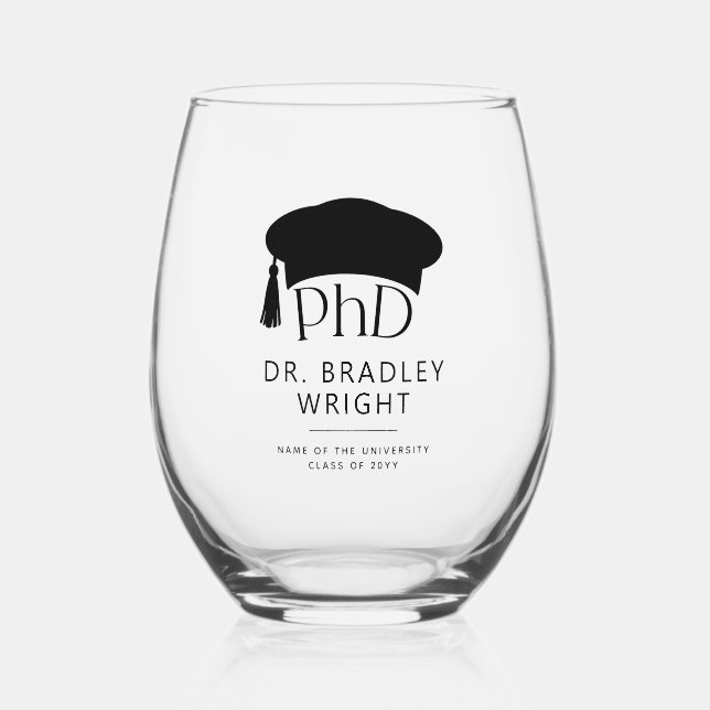 Custom PhD Doctoral Hat Doctoral Degree Graduation Stemless Wine Glass (Front)