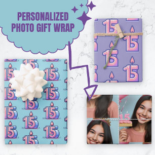 Custom Photo 15th Birthday Quinceañera Candles Wrapping Paper Sheet