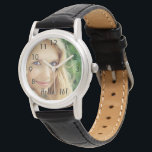 Custom photo 16th birthday hello 16 girl  watch<br><div class="desc">Template for Your own photo.  Black text overlay: Hello 16.  A great Sweet 16th birthday gift or keepsake for for her. The text is written with a modern and trendy hand lettered style script. Black clock face numbers from 8 to 4.</div>