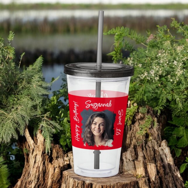 Custom Photo 16th Happy Birthday Personalised Red Acrylic Tumbler (custom photo and text tumbler front)