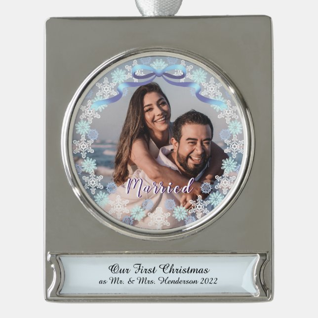 Custom Photo 1st Christmas Married Light Blue Tone Silver Plated Banner Ornament (Front)
