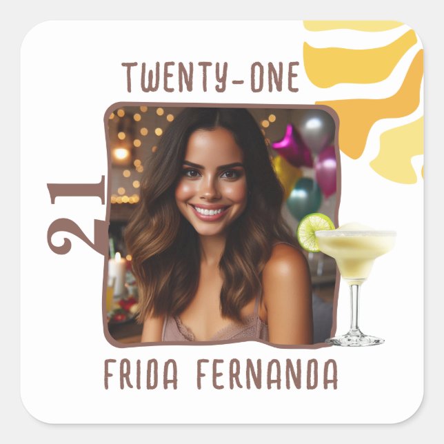 Custom Photo 21st Birthday Margarita Fun Party Square Sticker (Front)