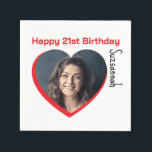 Custom Photo 21st Happy Birthday Party Template Napkin<br><div class="desc">Make any special occasion fun with a heart shaped photo and message on a napkin. Replace the placeholder photograph with your photo. A square photo with subject centred works best. Personalise the template fields, remove text or use the edit design tool to select a font style, size, and colour you...</div>