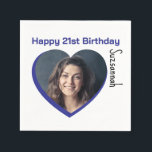 Custom Photo 21st Happy Birthday Party Template Napkin<br><div class="desc">Make any special occasion fun with a heart shaped photo and message on a napkin. Replace the placeholder photograph with your photo. A square photo with subject centred works best. Personalise the template fields, remove text or use the edit design tool to select a font style, size, and colour you...</div>