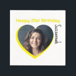 Custom Photo 21st Happy Birthday Party Template Napkin<br><div class="desc">Make any special occasion fun with a heart shaped photo and message on a napkin. Replace the placeholder photograph with your photo. A square photo with subject centred works best. Personalise the template fields, remove text or use the edit design tool to select a font style, size, and colour you...</div>
