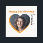 Custom Photo 21st Happy Birthday Party Template Napkin<br><div class="desc">Make any special occasion fun with a heart shaped photo and message on a napkin. Replace the placeholder photograph with your photo. A square photo with subject centred works best. Personalise the template fields, remove text or use the edit design tool to select a font style, size, and colour you...</div>