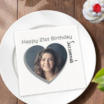 Custom Photo 21st Happy Birthday Party Template Napkin<br><div class="desc">Make any special occasion fun with a heart shaped photo and message on a napkin. Replace the placeholder photograph with your photo. A square photo with subject centred works best. Personalise the template fields, remove text or use the edit design tool to select a font style, size, and colour you...</div>