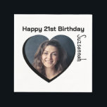 Custom Photo 21st Happy Birthday Party Template Napkin<br><div class="desc">Make any special occasion fun with a heart shaped photo and message on a napkin. Replace the placeholder photograph with your photo. A square photo with subject centred works best. Personalise the template fields, remove text or use the edit design tool to select a font style, size, and colour you...</div>