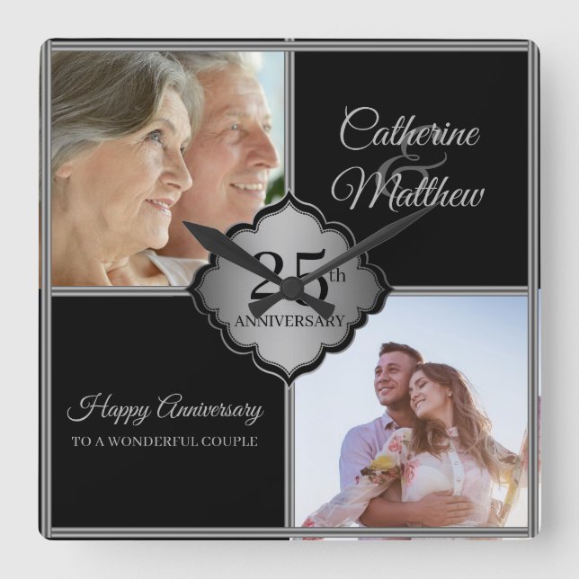 Custom Photo 25th Anniversary  Square Wall Clock (Front)