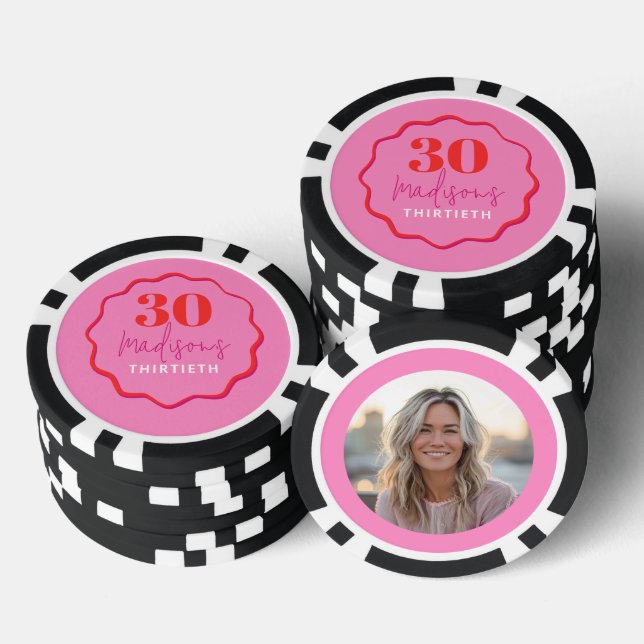 Custom Photo 30th Birthday Poker Chip Pink & Red (Stack)