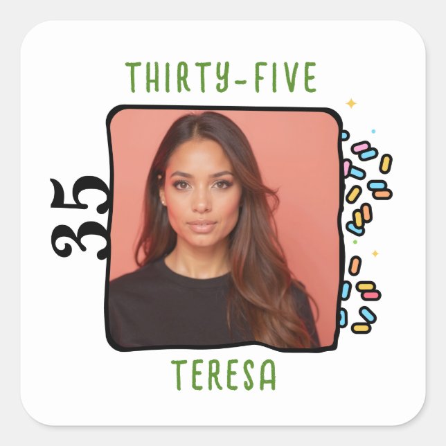 Custom Photo 35th Birthday Party Sprinkles Square Sticker (Front)