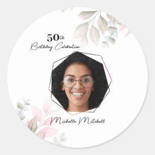 Custom Photo 50th Birthday Floral  Classic Round Sticker